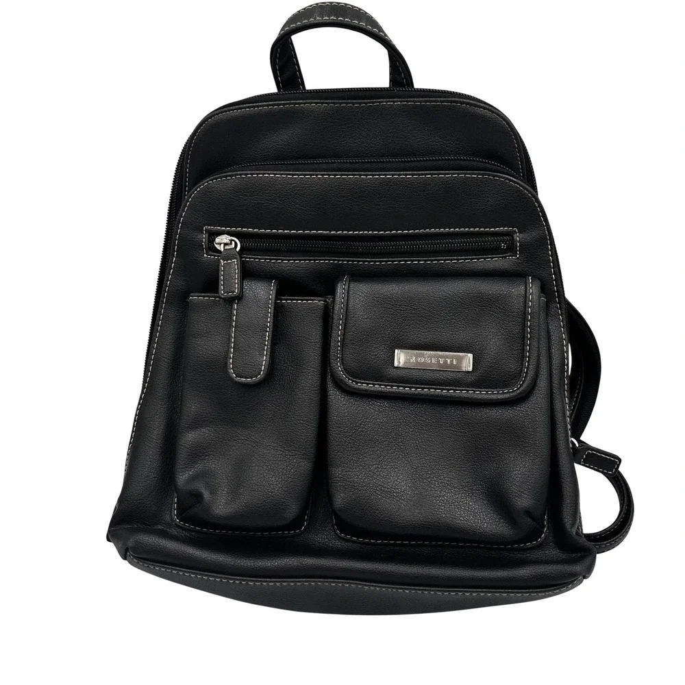 Rosetti Women's Black Leather Backpack Multi Pocket Contrast Stitch Bag Gorpcore